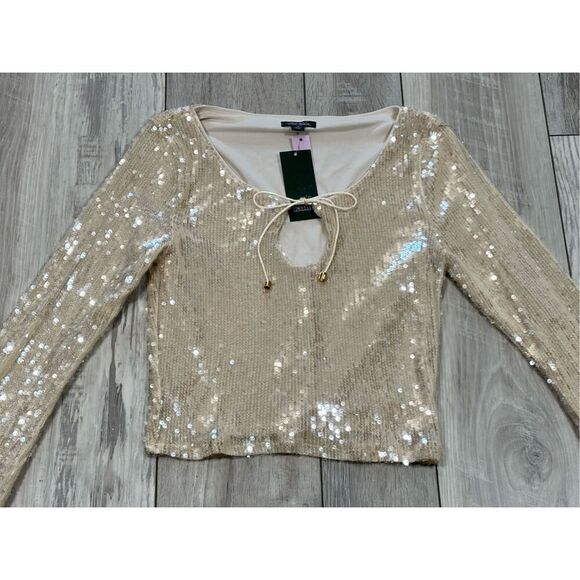 Wild Fable sequin holiday bell sleeve semi crop top elegant bling cream blouse s - Picture 2 of 10